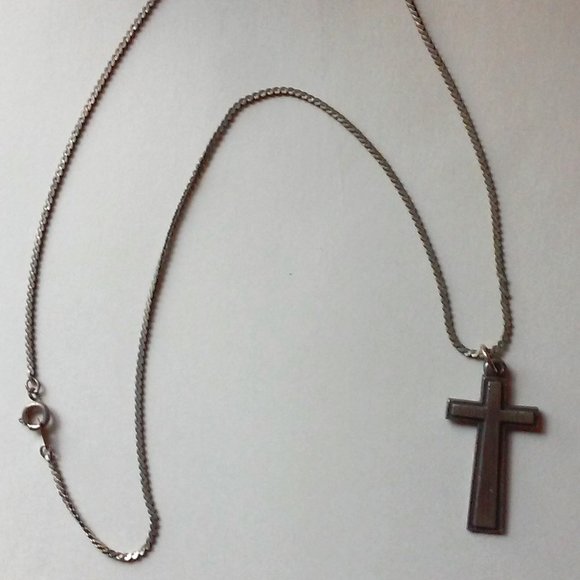 Vintage Unisex SIlver Cross TBN Phone Number On Back Hangs 10 1/2" Cross 1 3/8" - Picture 1 of 2